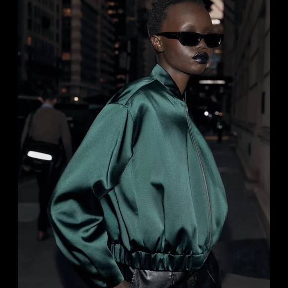Zara Deep Green Satin Bomber Jacket - Picture 2 of 4